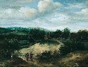 Jacob Koninck Landscape with huntsmen on a track before a village oil